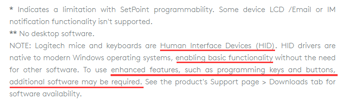Screenshot showing Logitech's advice to update the driver for Human Interface Devices (HID) in order to use enhanced features.
